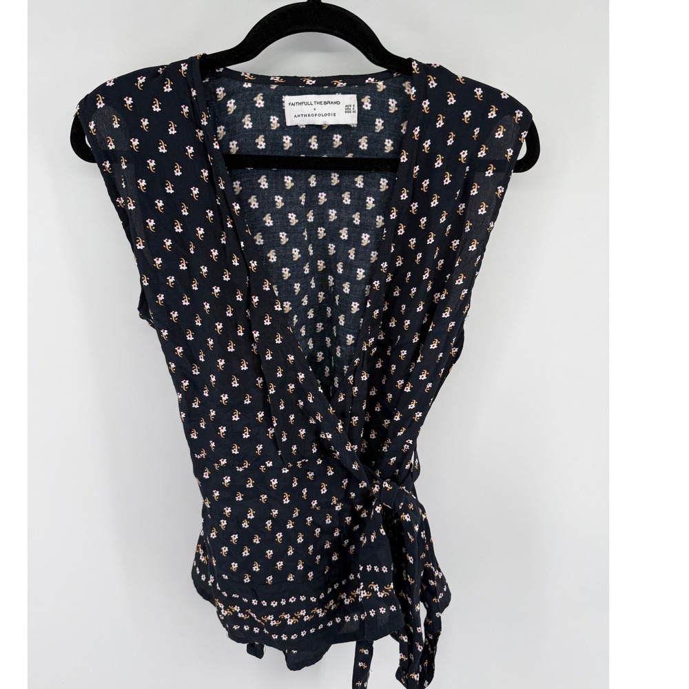 Faithfull The Brand x Anthropologie Floral Wrap Top Navy Blue XS